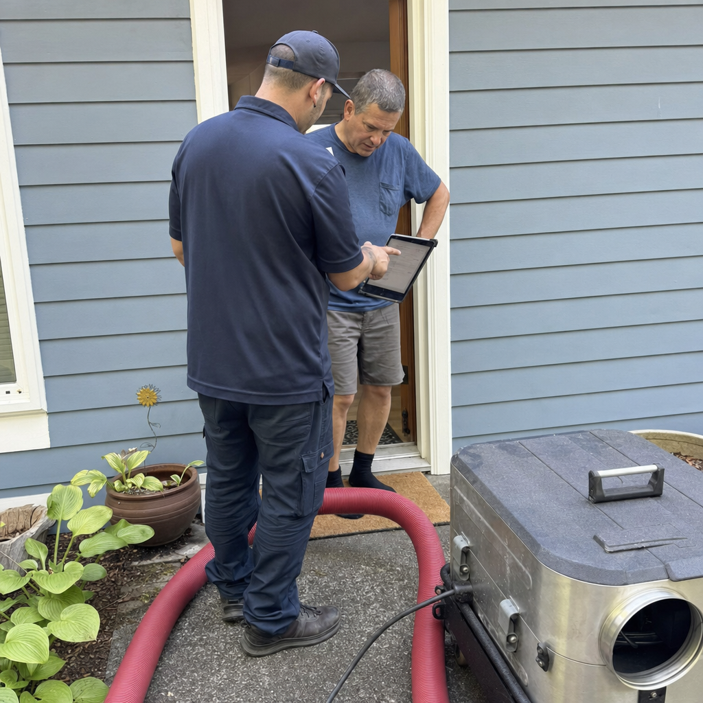 Air duct cleaning technician discussing service details with a homeowner. in Washington, WA