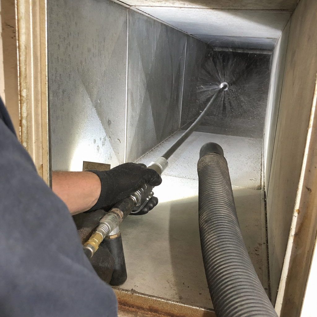 Technician performing professional air duct cleaning with rotary brush and vacuum in Enumclaw, WA
