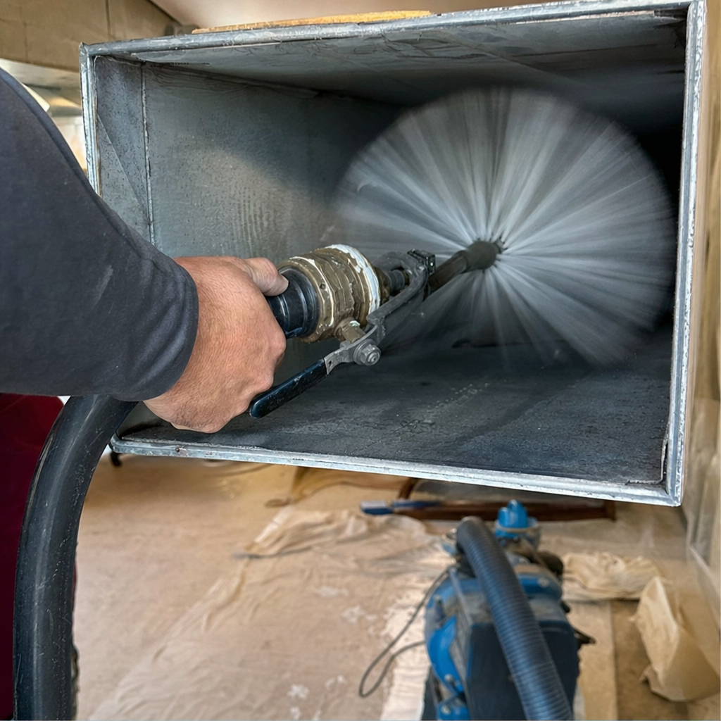 Technician using a rotating brush for professional air duct cleaning service in Enumclaw, WA