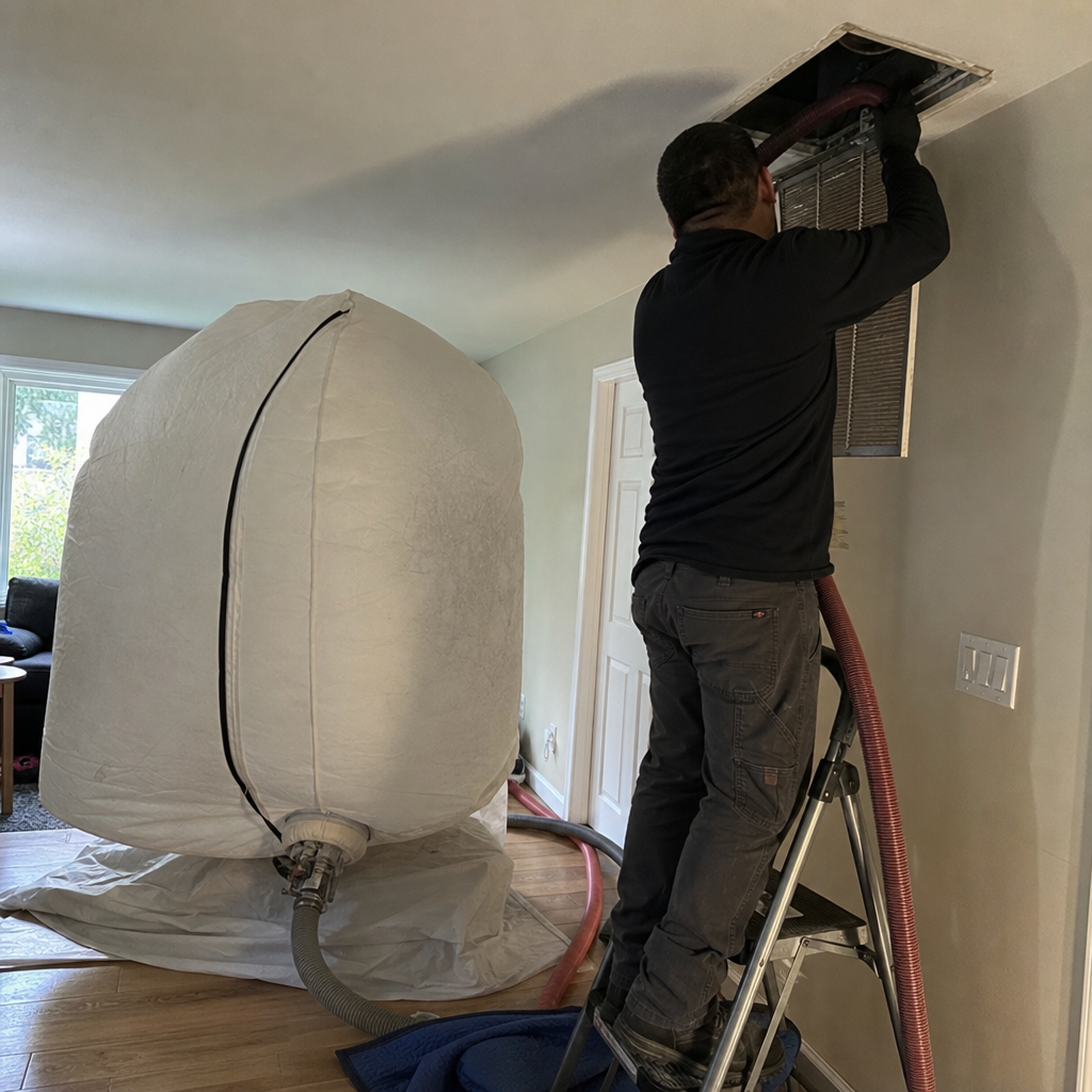 Technician performing professional air duct cleaning with industrial vacuum equipment