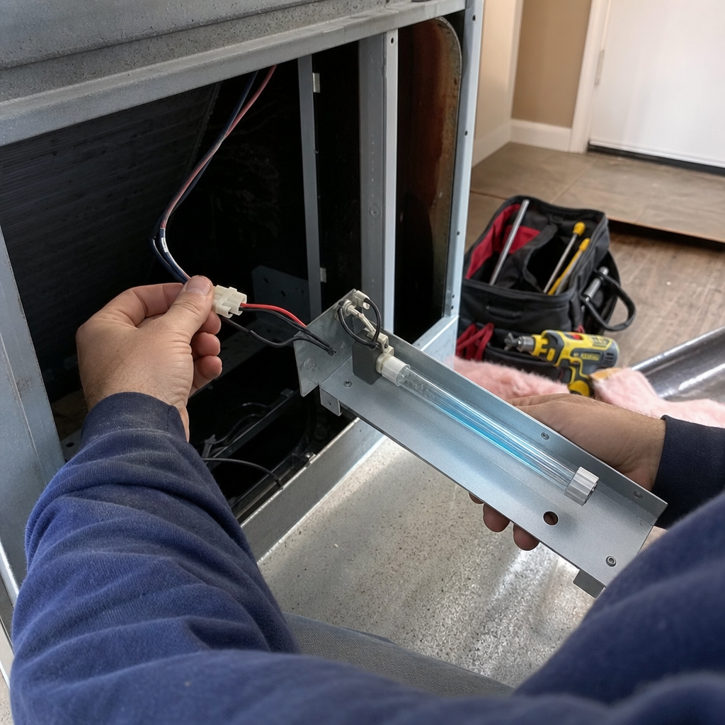 Technician installing ultraviolet UV air purification light in residential HVAC system in Bethany, OR