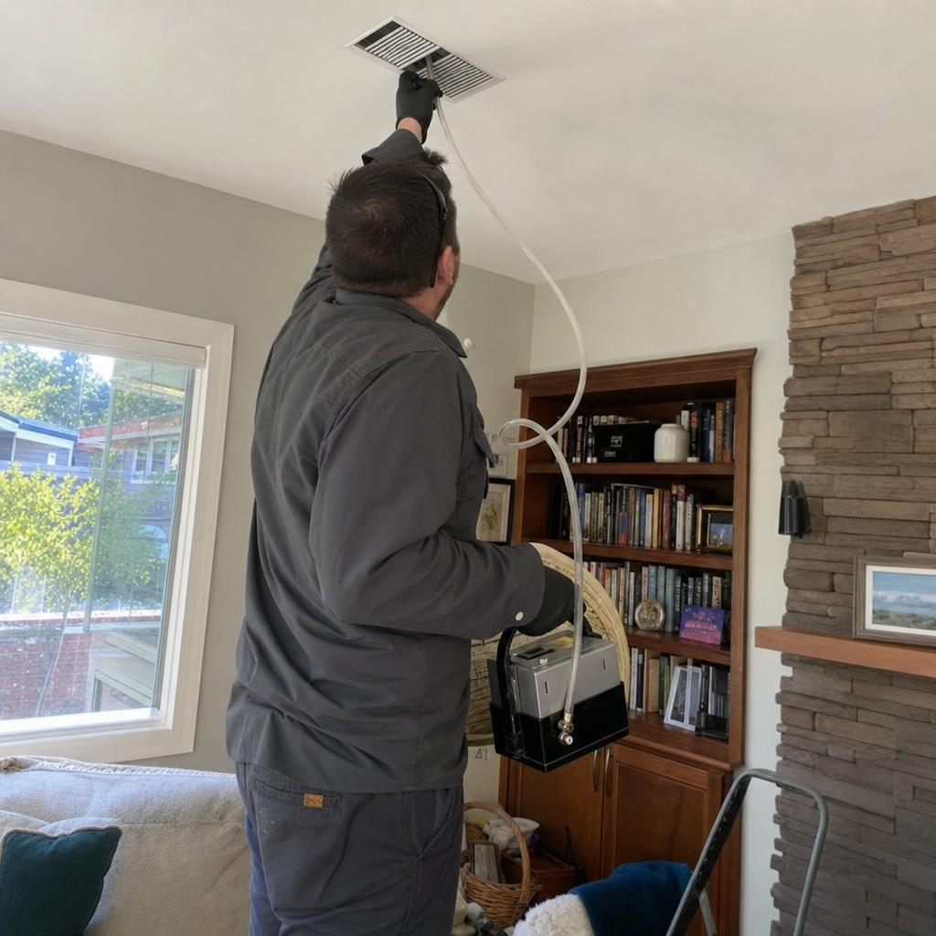 Technician performing professional residential air duct cleaning and sanitizing service in Bethany, OR