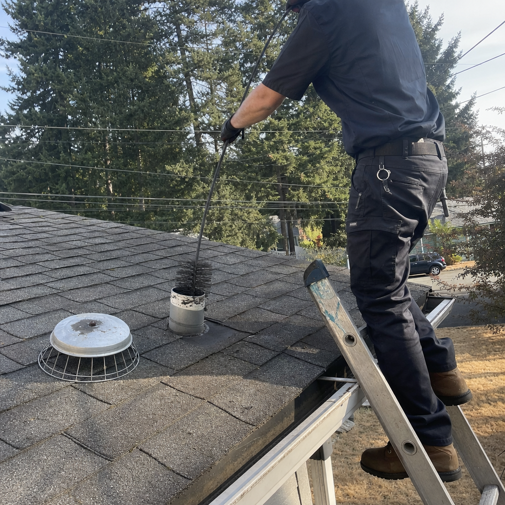 Technician performing professional dryer vent cleaning on a residential roof in Bothell East, WA