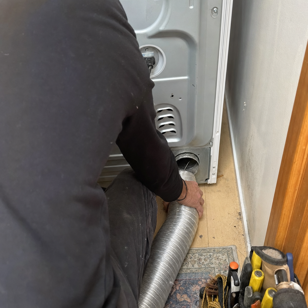 Technician installing flexible aluminum dryer vent duct behind laundry appliance in Bothell East, WA