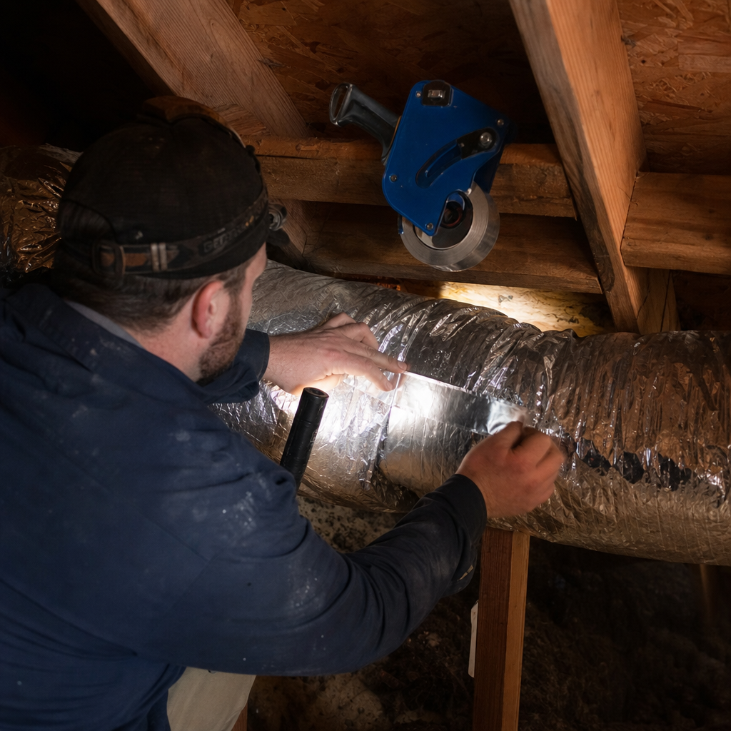 Technician repairing and sealing a flexible air duct in an attic in Gresham, OR