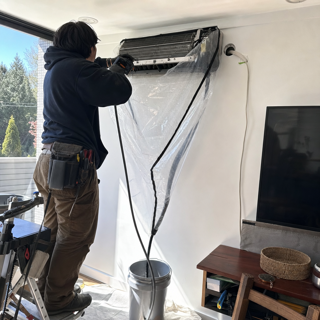 HVAC technician performing professional air conditioning system cleaning and maintenance in Aloha, OR