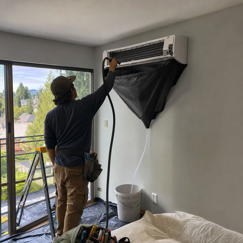 Technician performing professional ductless mini-split air conditioner cleaning and maintenance in Aloha, OR
