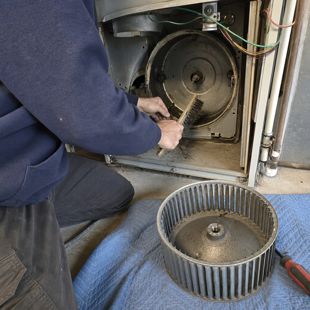 HVAC technician cleaning furnace blower housing with wire brush